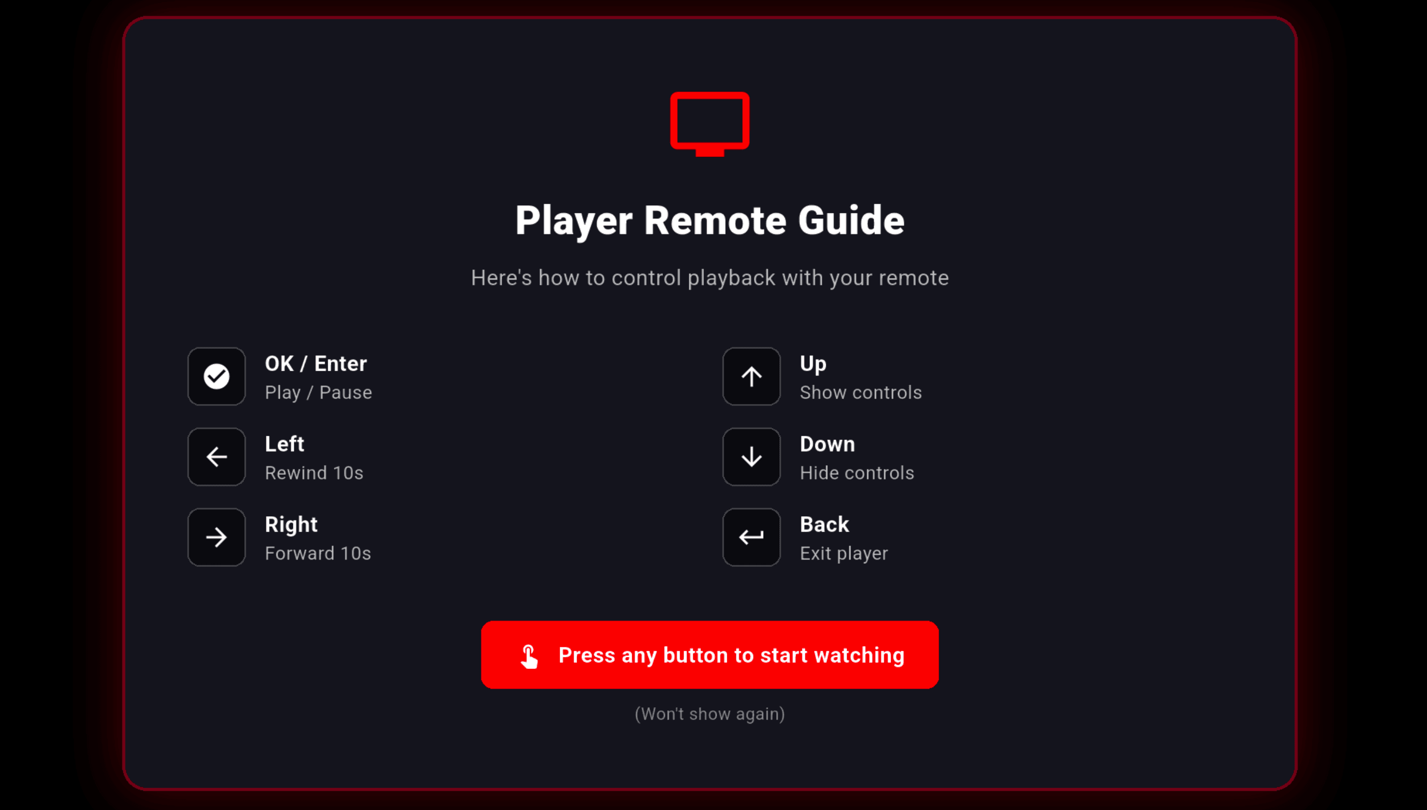 Player remote guide showing OK, Left, Right, Up, Down, Back controls