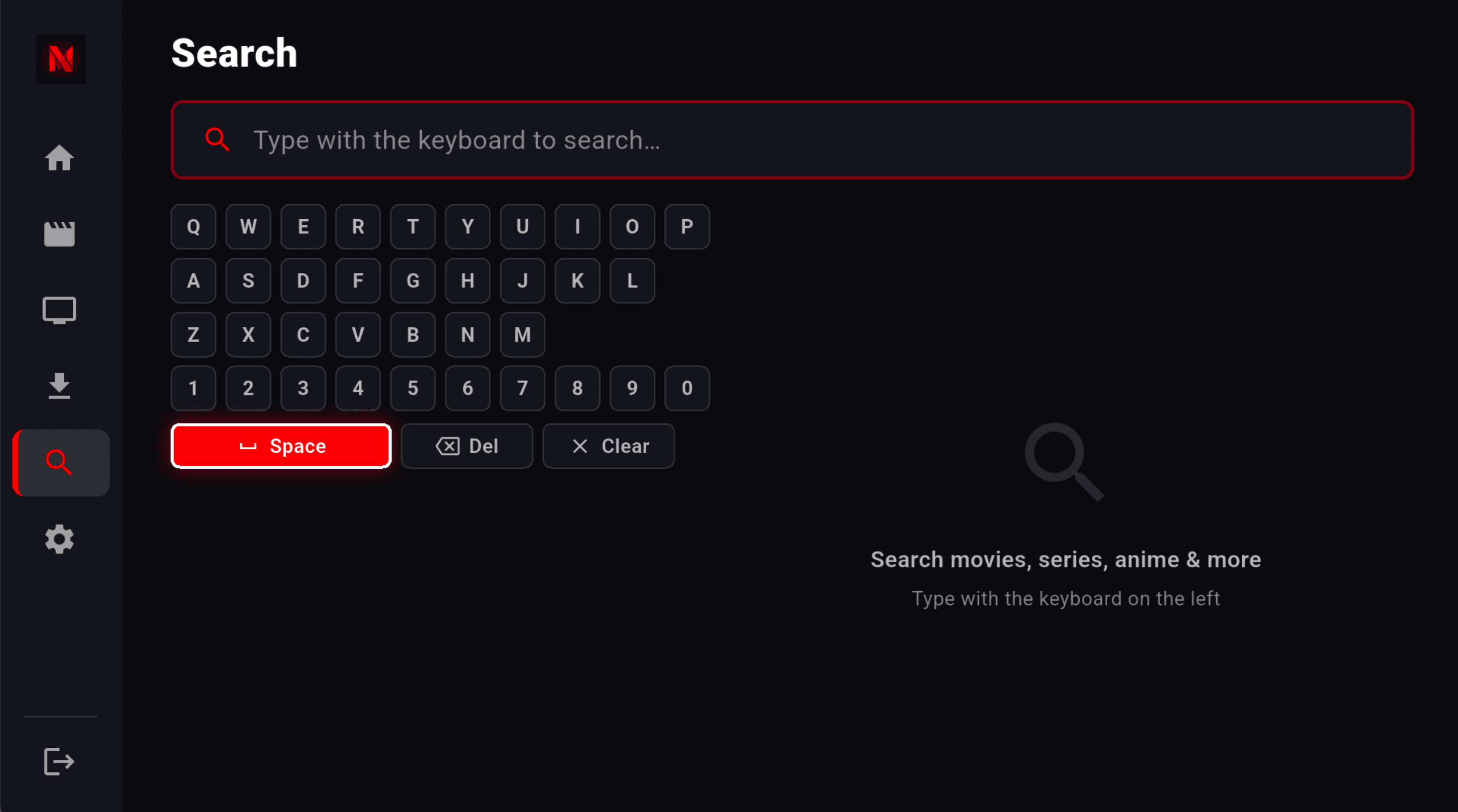 NetMirror search screen with on-screen keyboard